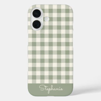 Coque Pour iPhone 16 Motif Gingham Carreaux Vichy Sage Nom