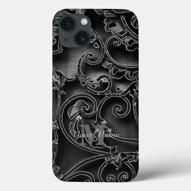 Coques Case-Mate iPhone Motif gothique noir monogramme personnalisé (Verso)