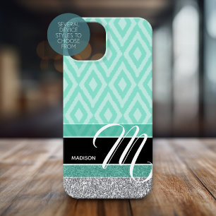 Coque Case-Mate iPhone Motif Ikat avec Monogram - turquoise vert noir