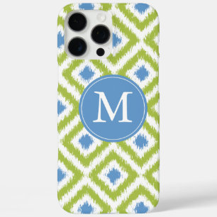 Coques iPhone 16 Pro Max Motif Ikat bleu-vert monogramme