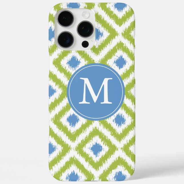 Coques Case-Mate iPhone Motif Ikat bleu-vert monogramme (Verso)