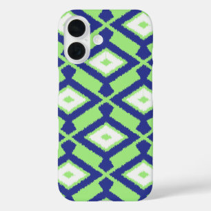 Coque Pour iPhone 16 Motif Ikat - Vert, Indigo Bleu et Blanc