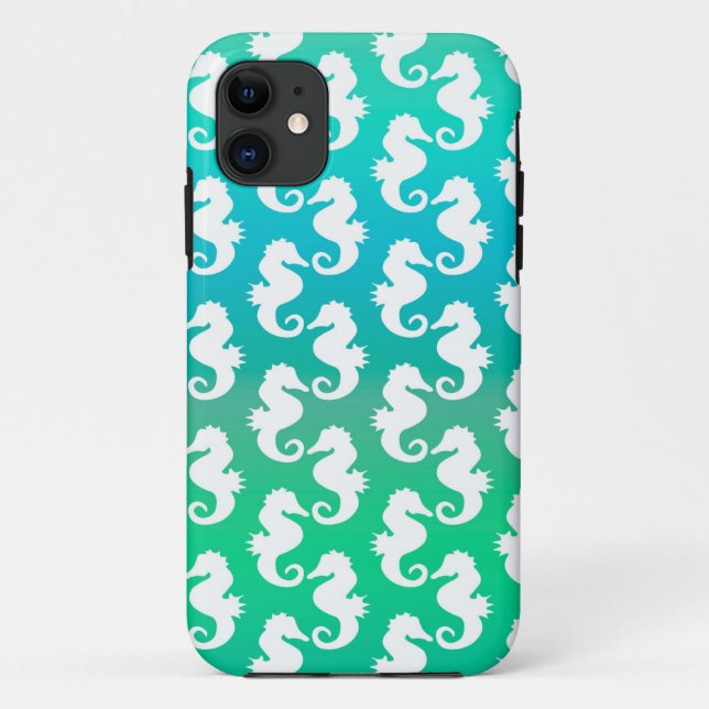 Coques Case-Mate iPhone Motif joli hippocampe sur bleu vert (Dos)