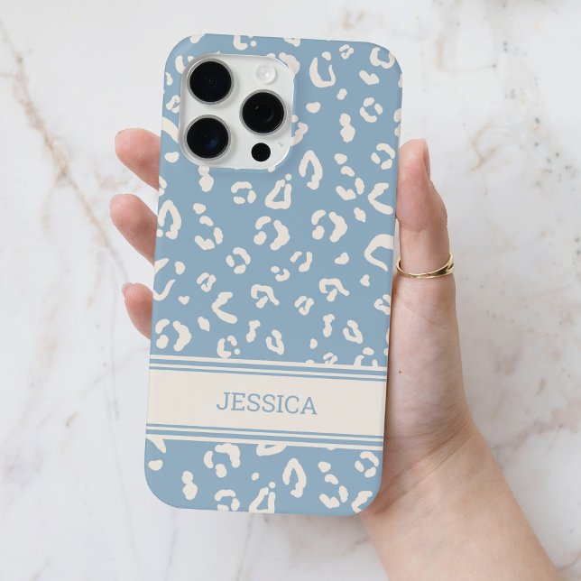 Coques Case-Mate iPhone Motif Léopard bleu moderne avec nom personnalisé (Modern Blue Leopard Pattern with Personalized Name Case-Mate iPhone Case)