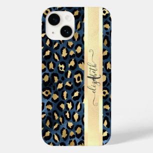 Coque Case-Mate iPhone Motif léopard bleu or monogramme