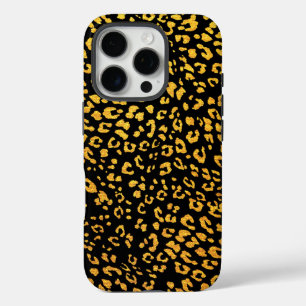 Coque iPhone 16 Pro Motif Leopard métal or sur noir