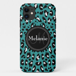 Coques Pour iPhone Motif Léopard noir Turquoise monogramme