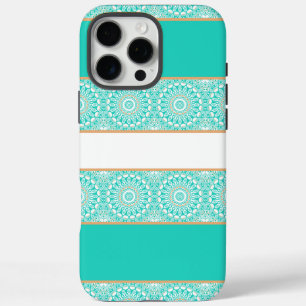 Coque iPhone 16 Pro Max Motif Mandala à rayures turquoise