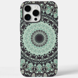 Coque iPhone 16 Pro Max Motif Mandala Vert Menthe et Charbon