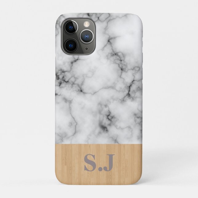 Coques Case-Mate iPhone Motif marbre et bois à monogramme (Dos)