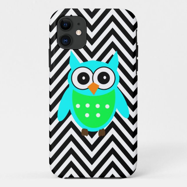 Coques Case-Mate iPhone Motif mignon de Chevron de noir de hibou de vert (Dos)