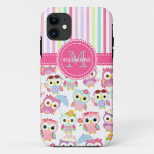 Coque iPhone 11 Motif mignon de hiboux roses Girly personnalisé