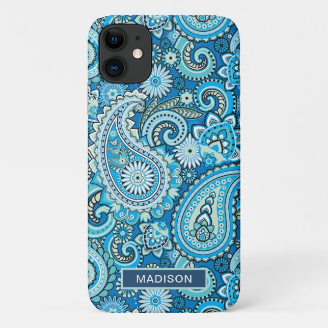 Coques Case-Mate iPhone Motif moderne Blue Paisley Nom personnalisé (Dos)