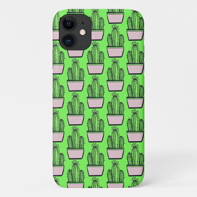 Coques Case-Mate iPhone Motif moderne Cactus Pink Pot sur Vert (Dos)