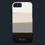 Coques Pour iPhone Motif moderne chic avec nom<br><div class="desc">Couvrez votre téléphone dans un coque à la mode avec des rayures modernes chic en noir, gris, rose vif et blanc d'oeuf crémeux. De minces lignes en faux-or séparent les couleurs dans le style design. Personnalisez avec votre nom, monogramme ou autre texte souhaité. Vous pouvez également supprimer le nom de...</div>