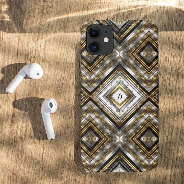 Coques Case-Mate iPhone Motif moderne en argent, or et noir, monogramme (Créateur téléchargé)