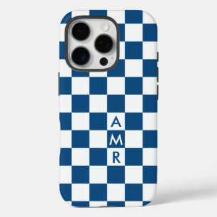 Coque iPhone 16 Pro Motif Monogram Blue À damiers Blanc