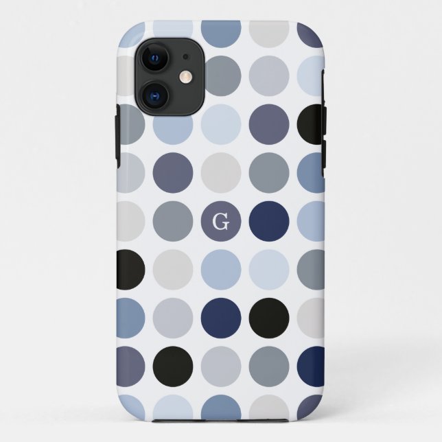 Coques Case-Mate iPhone motif monogramme à pois bleu gris moderne (Dos)