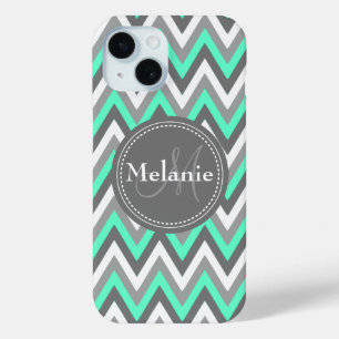 Coque Pour iPhone 15 Motif Monogramme Blue & Grey Chevron