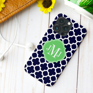 Etui iPhone Case-Mate Motif monogramme quatrefeuilles bleu marine et bla