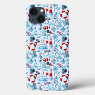 iPhone 13 Coque Motif Nautique Rouge Blanc Et Bleu