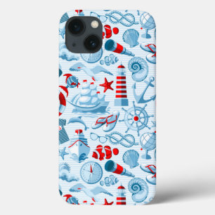 Etui iPhone 13 Motif Nautique Rouge Blanc Et Bleu