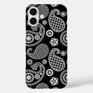 Coques iPhone 16 Plus Motif Paisley, noir et blanc