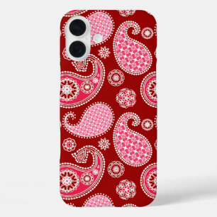 Coque Pour iPhone 16 Plus Motif Paisley, rouge foncé, rose et blanc