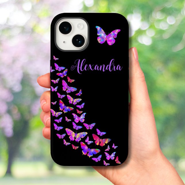 Coques Case-Mate iPhone Motif papillon rose et noir nom d'ajout (Butterfly pattern pink and black pretty typography script addd name custom iPhone case)