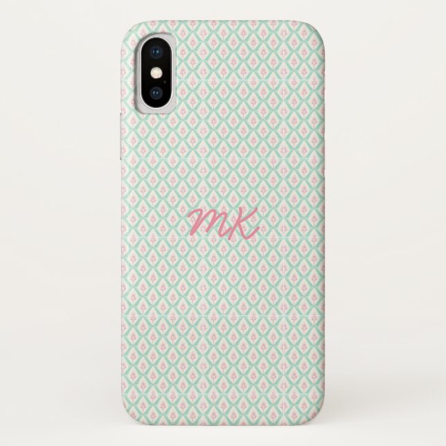 Coques Case-Mate iPhone Motif pastel rose et vert girly avec initiales (Dos)
