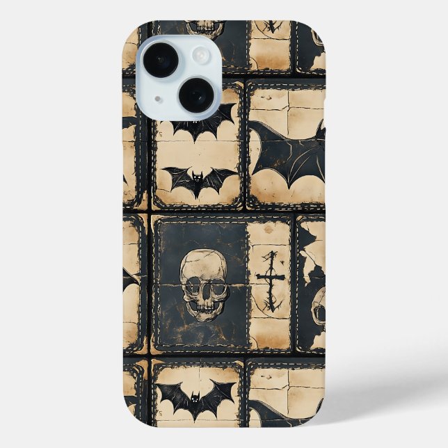 Coques Case-Mate iPhone Motif patchwork Halloween en denim rustique (Verso)