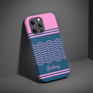 Coque iPhone 16 Pro Motif personnalisé Bleu et rose rayures ondulées