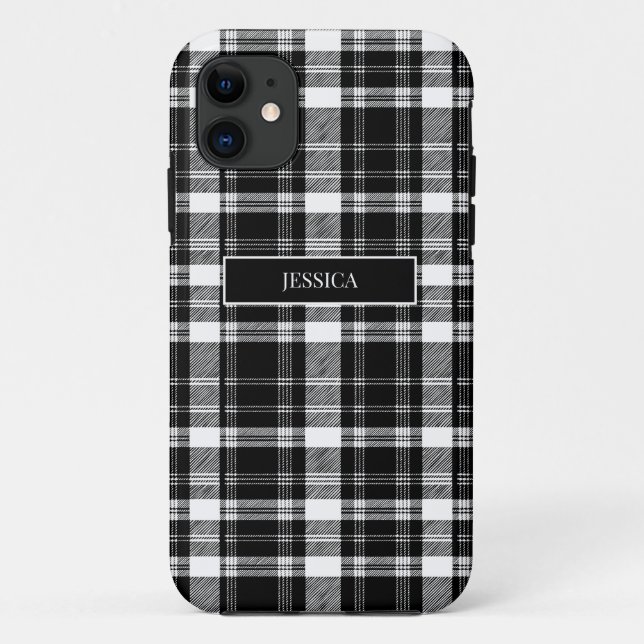 Coques Case-Mate iPhone Motif Plaid Noir Personnalisé Blanc Nom Moderne (Dos)