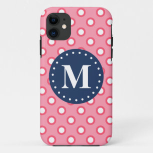 Coque iPhone 11 Motif Pois rose Monogramme bleu