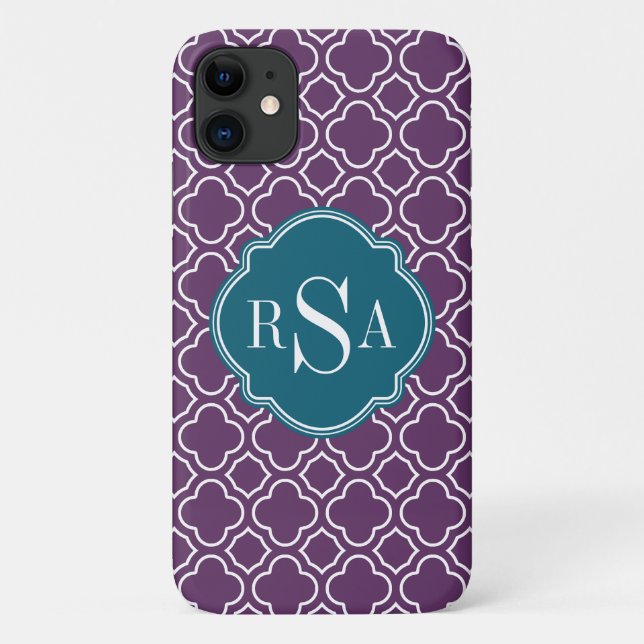 Coques Case-Mate iPhone Motif Quatrefoil bleu triple monogramme (Dos)