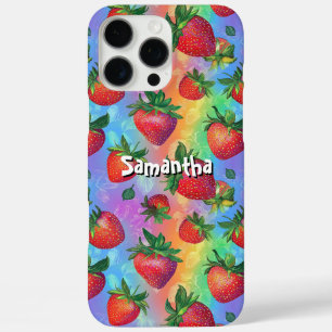 Coque iPhone 16 Pro Max Motif Rainbow Strawberry avec nom personnalisable