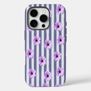 Coque iPhone 16 Pro motif rayé avec des marguerites violettes