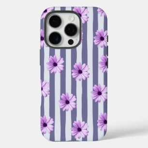 Coque iPhone 16 Pro motif rayé avec marguerites violettes