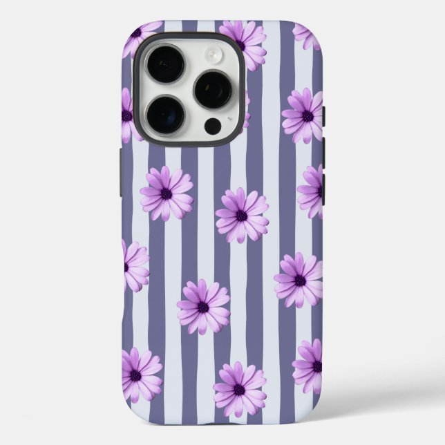 Coques Case-Mate iPhone motif rayé avec marguerites violettes (Verso)