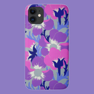 Coque iPhone 11 Motif rétro de fleur d'anémone rose et violet gras