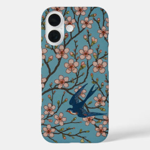 Coque Pour iPhone 16 Motif rétro de l'hirondelle à fleurs bleues par Wa