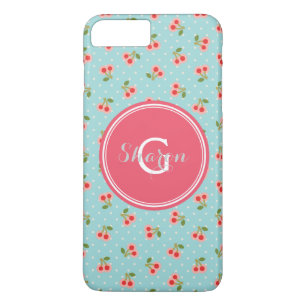 Coque iPhone 7 Plus Motif rétro girly turquoise cerise monogramme
