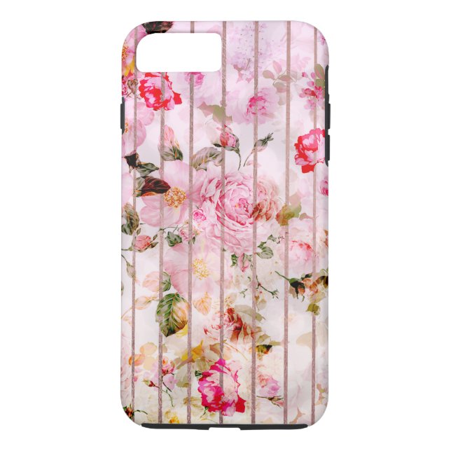 Coques Case-Mate iPhone Motif rose floral de rayures d'or d'aquarelle rose (Dos)
