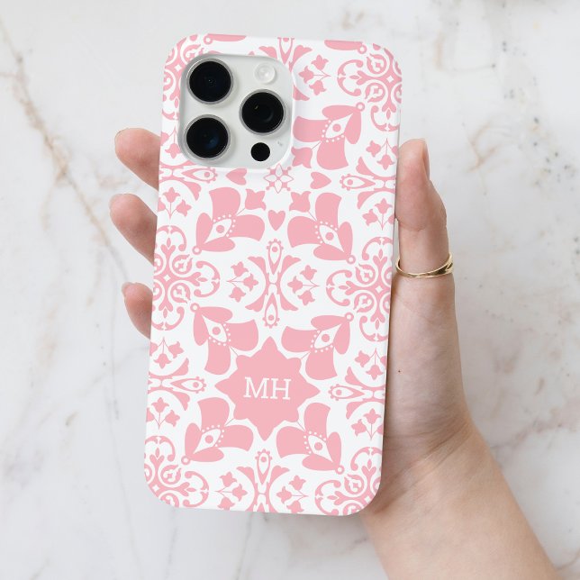 Coques Case-Mate iPhone Motif rose monogramme avec initiales blanches (Monogrammed Pink Girly Pattern with White Initials Case-Mate iPhone Case)