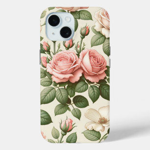 Coque Case-Mate iPhone Motif rose vintage sur Arrière - plan crème