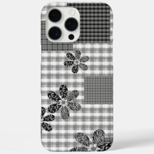 Coque iPhone 16 Pro Max Motif rustique en patchwork noir et blanc rétro