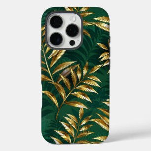 Coque iPhone 16 Pro Motif sans couture avec des fougères dorées