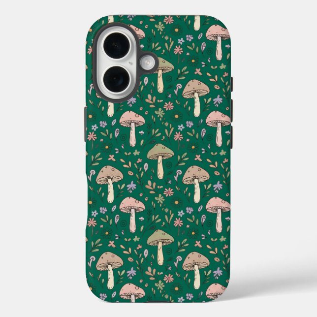 Coques Case-Mate iPhone Motif sans couture de champignons émeraude profond (Verso)