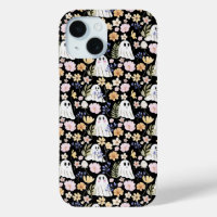 Motif sans couture de fantôme mignon et de fleurs