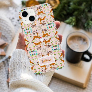 Coque Case-Mate iPhone Motif sans couture de rennes de Noël rose
